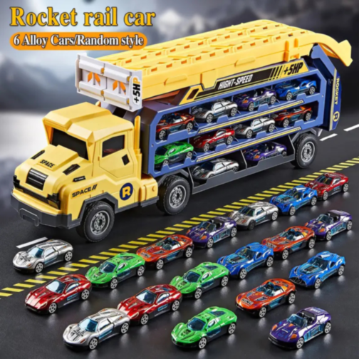 Camion Transporter cu Piste de Curse și Mașinuțe – Model „Rocket” (galben)