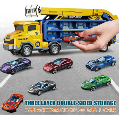 Camion Transporter cu Piste de Curse și Mașinuțe – Model „Rocket” (galben)