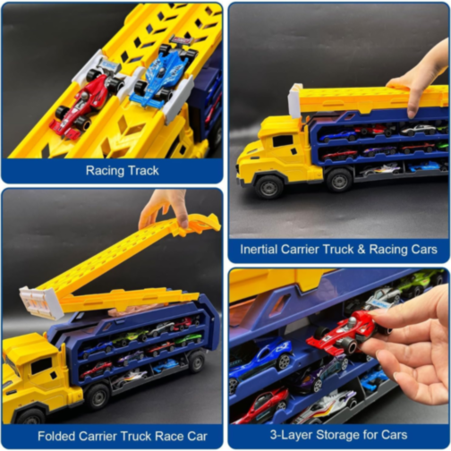 Camion Transporter cu Piste de Curse și Mașinuțe – Model „Rocket” (galben)