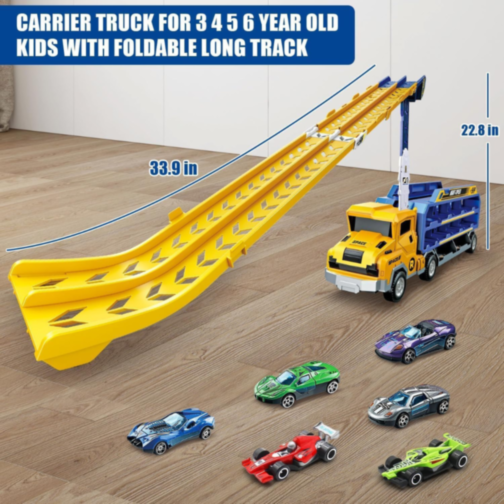 Camion Transporter cu Piste de Curse și Mașinuțe – Model „Rocket” (galben)