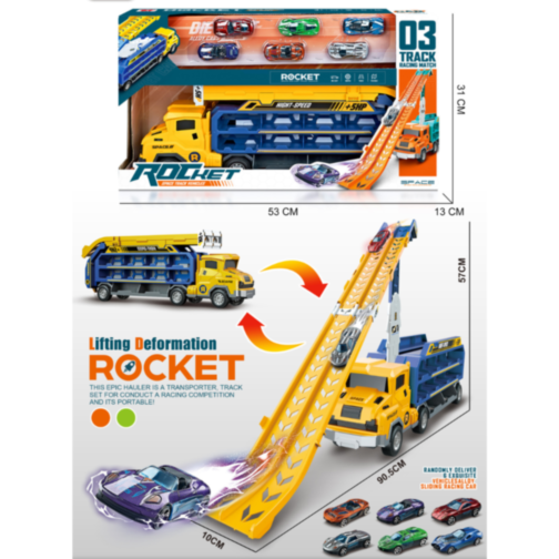 Camion Transporter cu Piste de Curse și Mașinuțe – Model „Rocket” (galben)