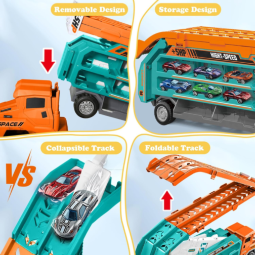 Camion „Rocket” cu Piste de Curse și Mașinuțe – Transformabil și Portabil (verde)