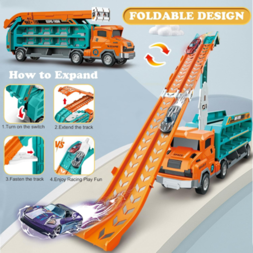 Camion „Rocket” cu Piste de Curse și Mașinuțe – Transformabil și Portabil (verde)