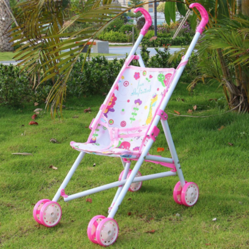 Cărucior de Jucărie pentru Păpuși cu Cadru Metalic și Design Floral Roz
