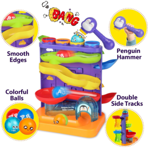 Roller Coaster Pinguin cu Roti și Bile Colorate