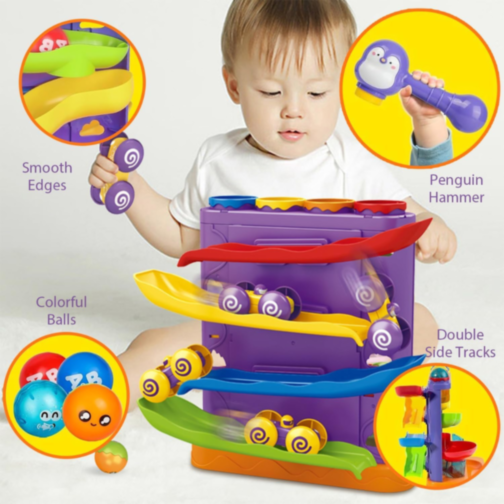 Roller Coaster Pinguin cu Roti și Bile Colorate