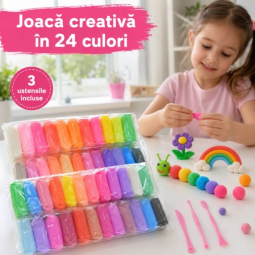 Set pastă de modelat copii, 24 culori, ustensile