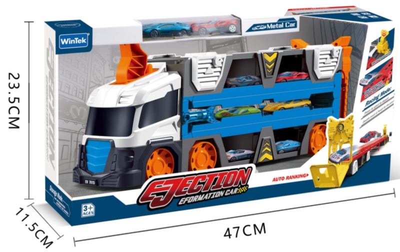 Camion Transporator cu Pistă de Acrobații și 2 Mașinuțe Incluse
