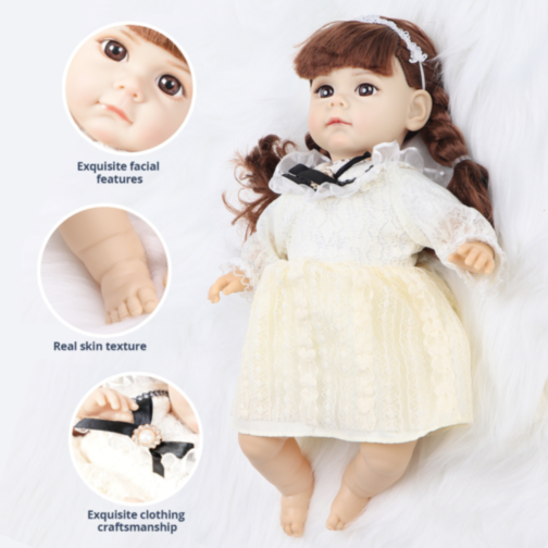 Păpușă Reborn cu Rochie Dantelată și Fundiță Elegantă – 36 cm