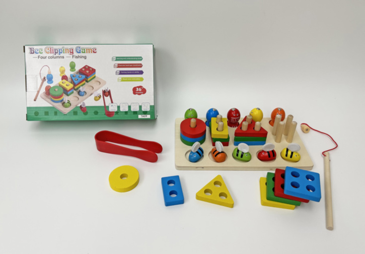 Joc Montessori 3 în 1, Pescuit Magnetic, Albinuțe și Turnulețe cu Figuri Geometrice