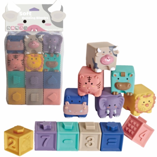 Set 12 Cuburi Moi de Cauciuc cu Animale și Forme Geometrice