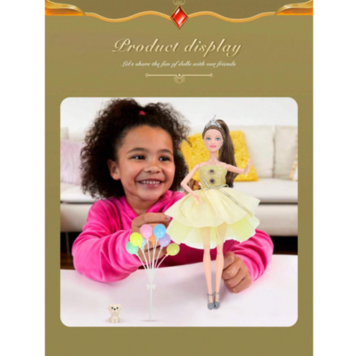 Păpușa Prințesă în Rochie Galbenă - Set cu Baloane și Accesorii