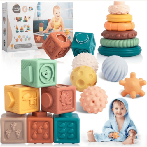 Set 3 în 1 Cuburi, Inele și Bile Sensoriale