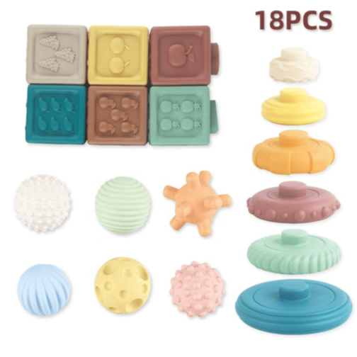 Set 3 în 1 Cuburi, Inele și Bile Sensoriale