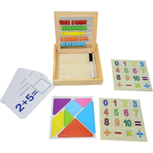 Învață Matematica, joc Montessori din lemn cu fise, abac și cartonașe