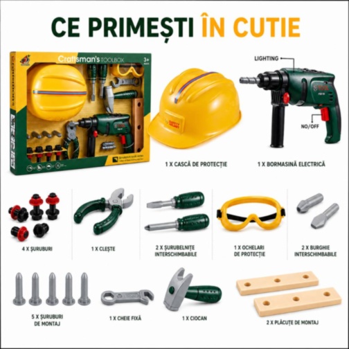 Set Unelte Construcție cu Cască și Bormașină Electrică