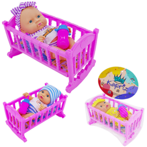Păpușă Bebeluș cu Pătuț Roz și Biberon (culoare aleatorie)