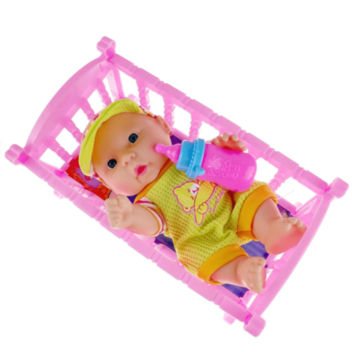 Păpușă Bebeluș cu Pătuț Roz și Biberon (culoare aleatorie)