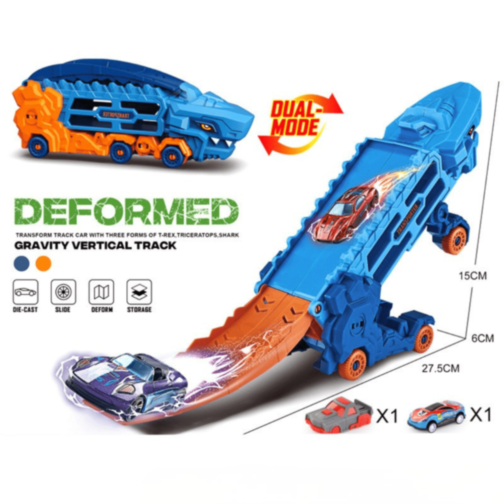 Mașină Dinozaur cu Piste Transformabile și 1 Mașinuță Metalică (model aleatoriu)