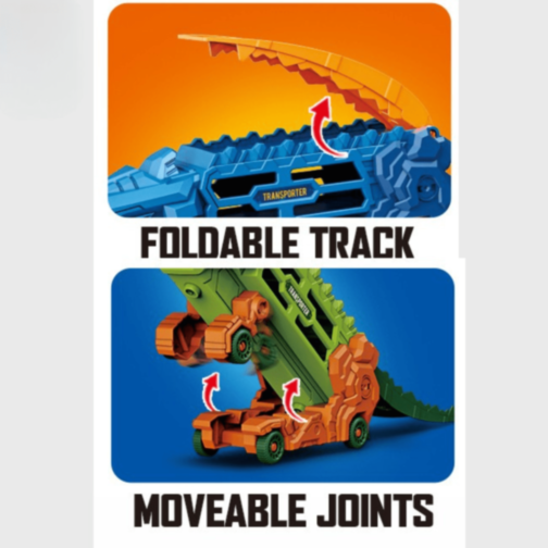 Mașină Dinozaur cu Piste Transformabile și 1 Mașinuță Metalică (model aleatoriu)