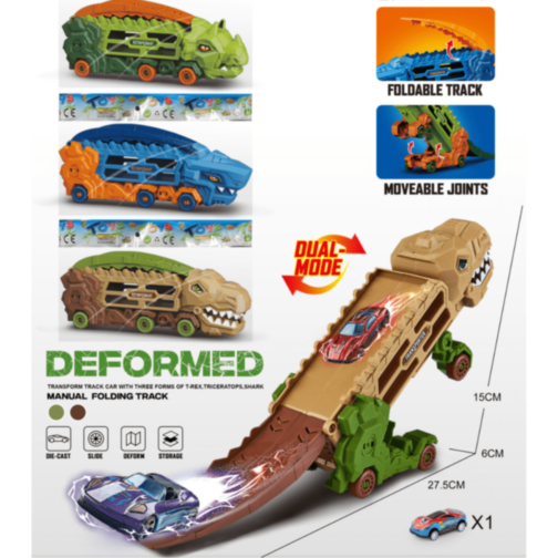 Mașină Dinozaur cu Piste Transformabile și 1 Mașinuță Metalică (model aleatoriu)