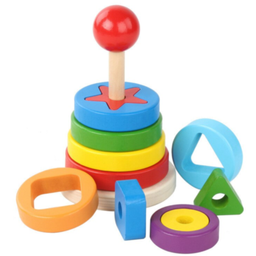 Turn Montessori din Lemn cu Forme Geometrice și Inele Colorate – Joc Educativ 2 în 1