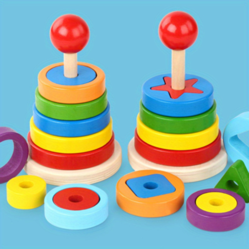 Turn Montessori din Lemn cu Forme Geometrice și Inele Colorate – Joc Educativ 2 în 1