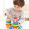 Turn Montessori din Lemn cu Forme Geometrice și Inele Colorate – Joc Educativ 2 în 1