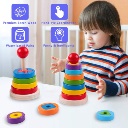 Turn Montessori din Lemn cu Forme Geometrice și Inele Colorate – Joc Educativ 2 în 1