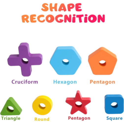 Turn Montessori din Lemn cu Forme Geometrice și Inele Colorate – Joc Educativ 2 în 1