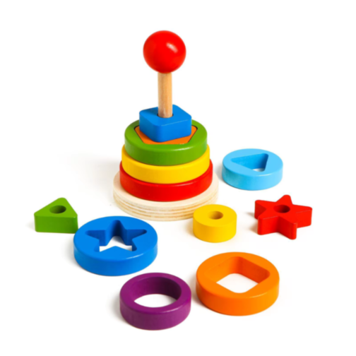 Turn Montessori din Lemn cu Forme Geometrice și Inele Colorate – Joc Educativ 2 în 1
