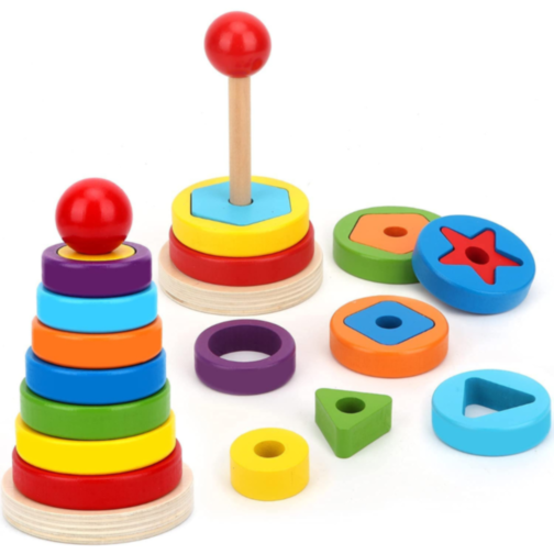 Turn Montessori din Lemn cu Forme Geometrice și Inele Colorate – Joc Educativ 2 în 1