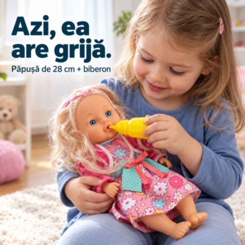 Păpușă 28 cm cu biberon pentru joacă de rol