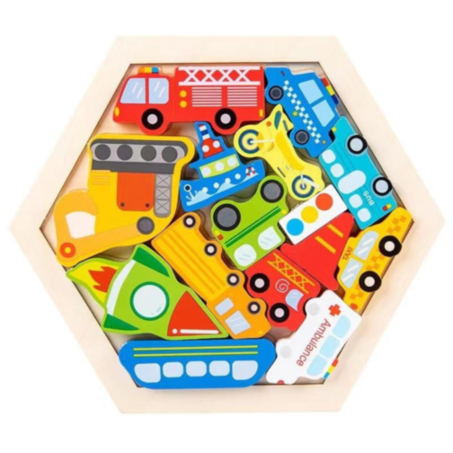 Puzzle din lemn cu vehicule colorate