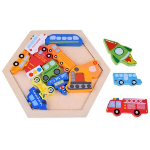 Puzzle din lemn cu vehicule colorate