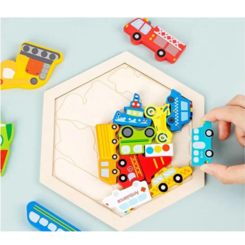 Puzzle din lemn cu vehicule colorate