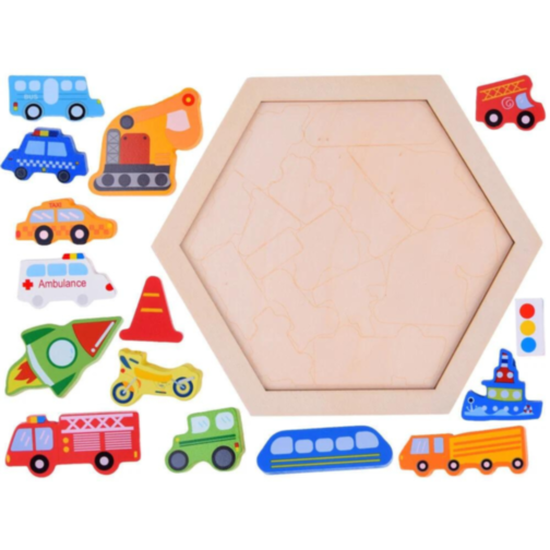 Puzzle din lemn cu vehicule colorate