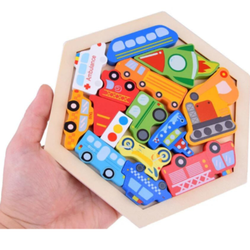 Puzzle din lemn cu vehicule colorate