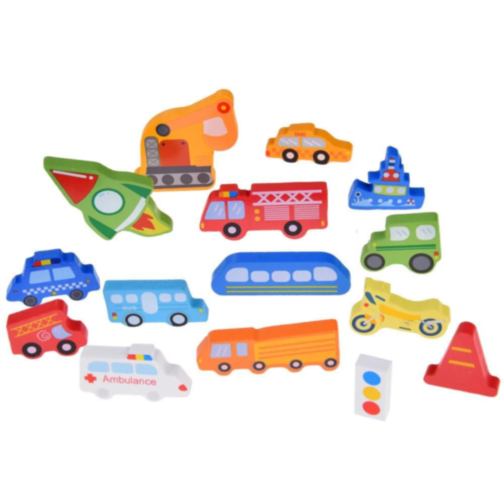 Puzzle din lemn cu vehicule colorate