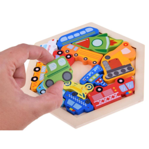 Puzzle din lemn cu vehicule colorate