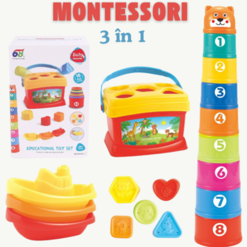 Set Educativ 3 în 1 - Sortator de Forme, Turn de Stivuire și Jucării de Baie