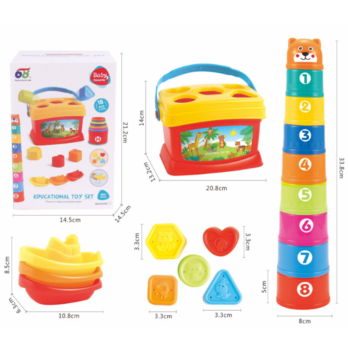 Set Educativ 3 în 1 - Sortator de Forme, Turn de Stivuire și Jucării de Baie