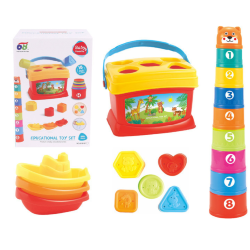 Set Educativ 3 în 1 - Sortator de Forme, Turn de Stivuire și Jucării de Baie