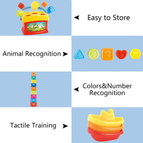 Set Educativ 3 în 1 - Sortator de Forme, Turn de Stivuire și Jucării de Baie