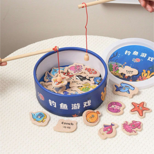 Set de pescuit magnetic din lemn cu vietăți marine