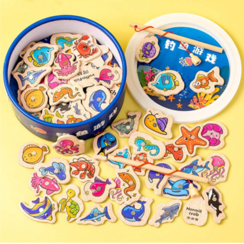Set de pescuit magnetic din lemn cu vietăți marine
