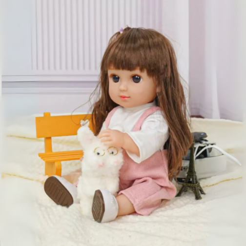 Păpușă Chimi Doll 36 cm cu Salopetă Roz și Păr Lung