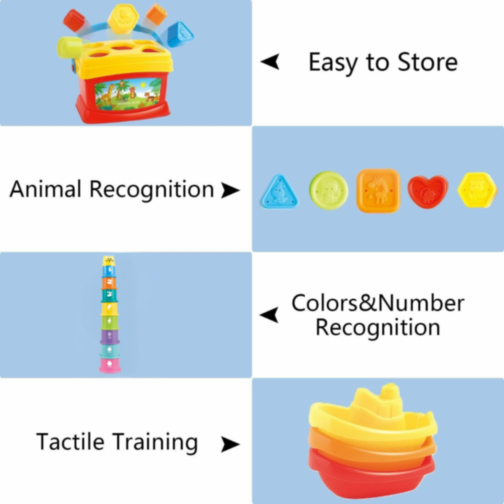 Set Educativ 3 în 1 - Sortator de Forme, Turn de Stivuire și Jucării de Apă