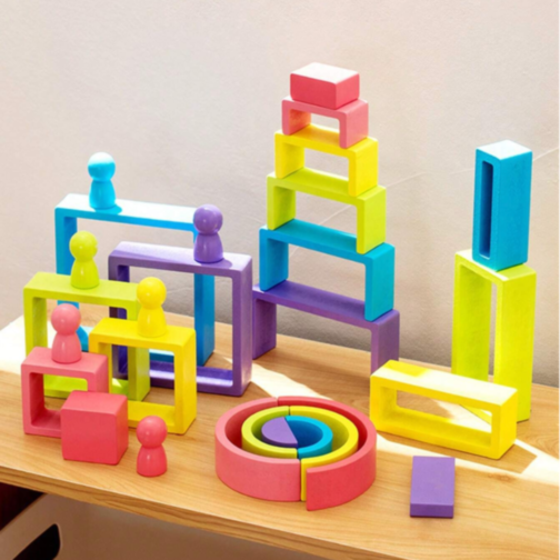 Set educativ de construcție Montessori din lemn - blocuri colorate
