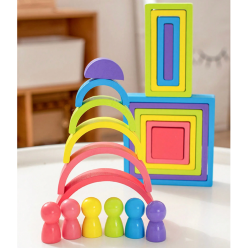 Set educativ de construcție Montessori din lemn - blocuri colorate